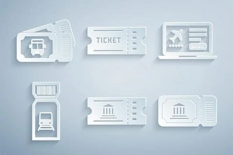 Set Museum ticket, Laptop with, Train, Ticket and Bus icon. Vector Stock Illustration