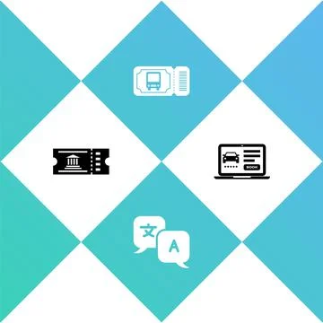 Set Museum ticket, Translator, Bus and Online car sharing icon. Vector Ilustración de archivo