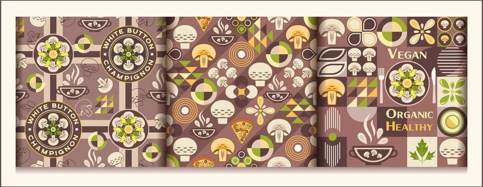 Set of mushroom backgrounds with design elements in simple geometric style イラスト素材