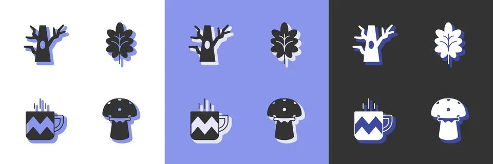 Set Mushroom, Bare tree, Cup of tea and Leaf icon. Vector Stock Illustration