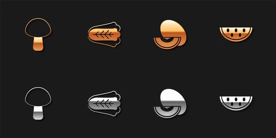 Set Mushroom, Cabbage, Melon fruit and Watermelon icon. Vector イラスト素材