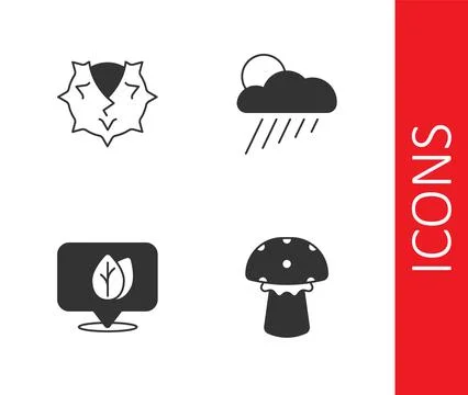 Set Mushroom, Chestnut, Location with leaf and Cloud rain and sun icon. Vector Stock Illustration