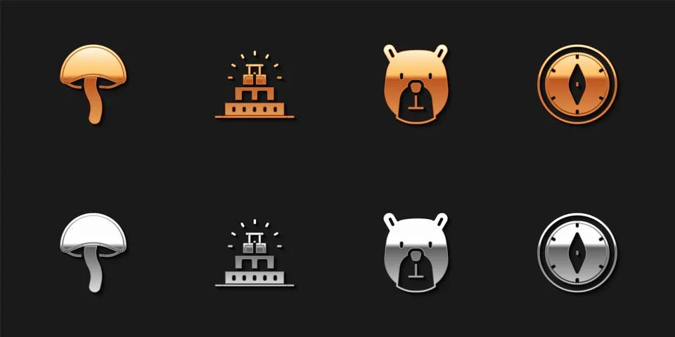 Set Mushroom, Chichen Itza in Mayan, Bear head and Compass icon. Vector Stock Illustration
