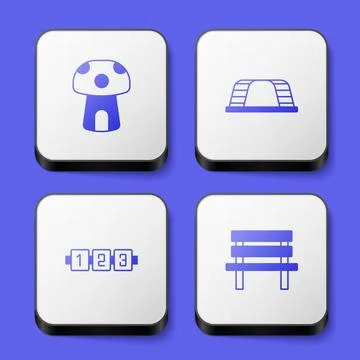 Set Mushroom house, Monkey bar, Education logic game and Bench icon. White Stock-Illustration