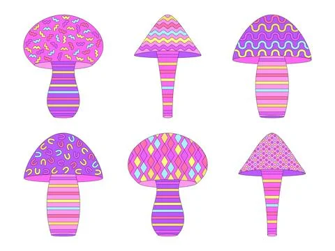 Set of mushroom icons with geometric pattern isolated on white background. .. 스톡 일러스트