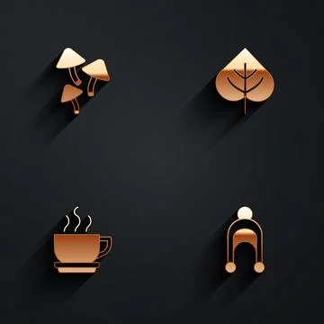 Set Mushroom, Leaf, Coffee cup and Winter hat icon with long shadow. Vector Stock Illustration