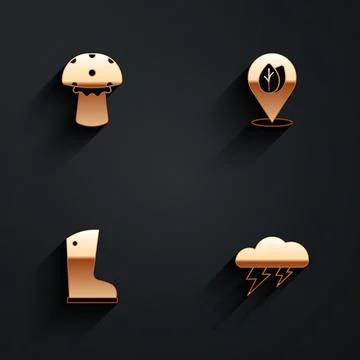 Set Mushroom, Location with leaf, Waterproof rubber boot and Cloud and lightning Illustrazione stock
