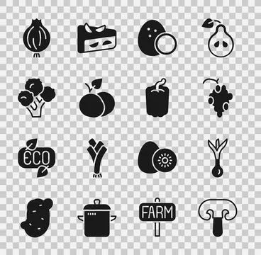 Set Mushroom, Onion, Grape fruit, Coconut, Mango, Broccoli, Garlic and Bell p Stock Illustration