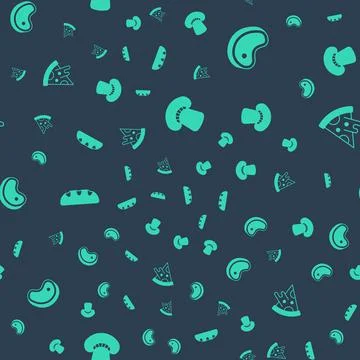 Set Mushroom, Steak meat, Bread loaf and Slice of pizza on seamless pattern Illustrazione stock