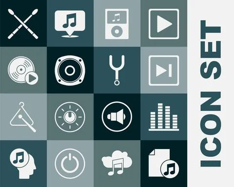 Set Music book with note, equalizer, Fast forward, player, Stereo speaker, Vi Stock Illustration