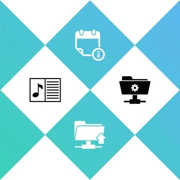 Set Music book with note, FTP folder upload, Calendar and clock and settings Stock Illustration