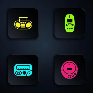 Set Music CD player, Home stereo with two speakers, Pager and Old mobile phone Stock Illustration