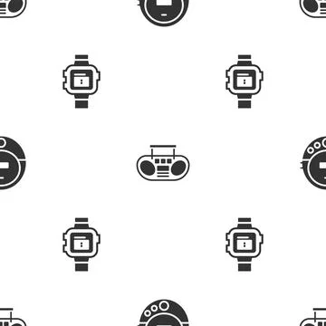 Set Music CD player, Home stereo with two speakers and Wrist watch on seamless Stockillustratie