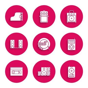 Set Music CD player, Stereo speaker, MP3, VHS video cassette tape, Guitar a.. Stock Illustration
