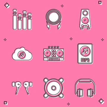 Set Music equalizer, Audio jack, Stereo speaker, streaming service, DJ remo.. Stock Illustration