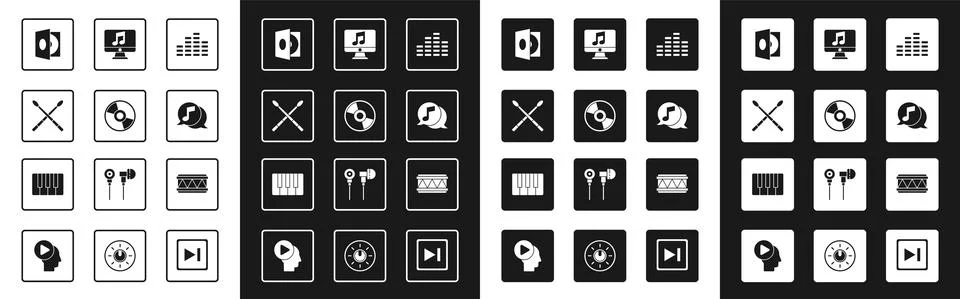 Set Music equalizer, CD or DVD disk, Drum sticks, Vinyl player with vinyl Stock Illustration