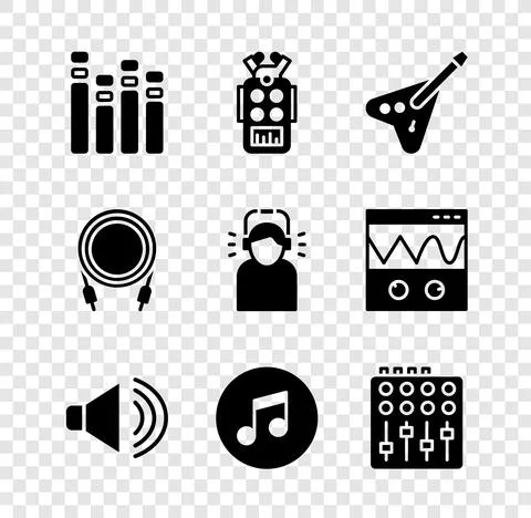 Set Music equalizer, Microphone, Electric bass guitar, Speaker volume, note Illustrazione stock