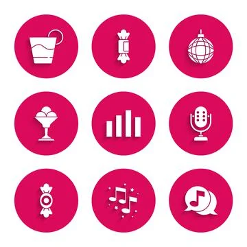Set Music equalizer, note, tone, Musical in speech bubble, Microphone, Candy 스톡 일러스트