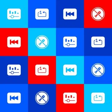 Set Music equalizer, Repeat track music player, Rewind button and Mute Stock Illustration