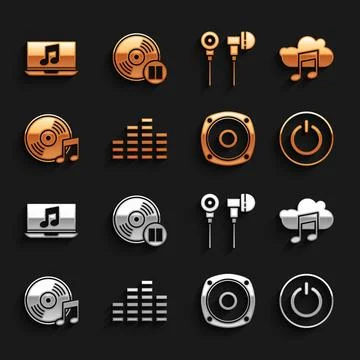 Set Music equalizer, streaming service, Power button, Stereo speaker, Vinyl disk Ilustração Stock