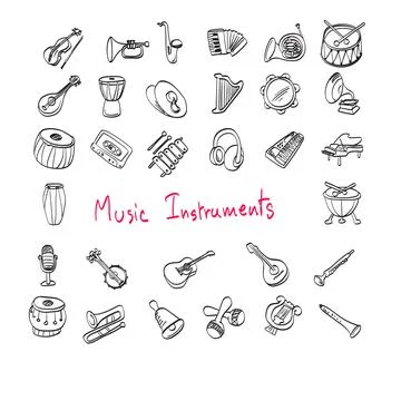 Set of music instruments illustration vector sketch with black lines 스톡 일러스트