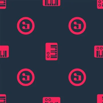 Set Music note, tone and synthesizer on seamless pattern. Vector Stock Illustration