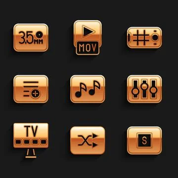 Set Music note, tone, Arrow shuffle, Stop media button, Sound mixer controller Stock Illustration