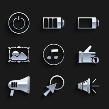 Set Music note, tone, Arrow cursor, Speaker volume, Hand like, Megaphone Stock Illustration