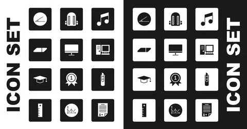 Set Music note, tone, Computer monitor screen, Eraser rubber, Acute angle, Sc Stock Illustration