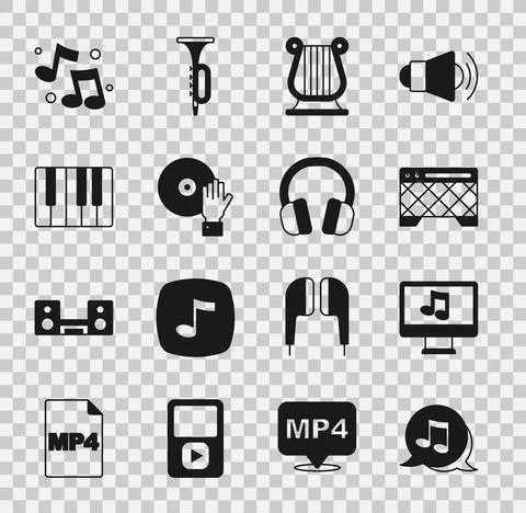 Set Music note, tone, Computer with music, Guitar amplifier, Ancient Greek lyre Stock Illustration