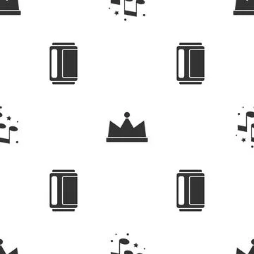 Set Music note, tone, Crown and Beer can on seamless pattern. Vector Stock Illustration
