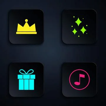 Set Music note, tone, Crown, Gift box and Firework. Black square button. Vect Illustrazione stock