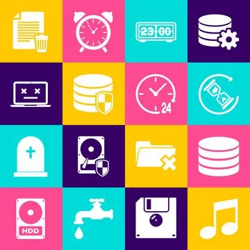 Set Music note, tone, Database, Waiting, Retro flip clock, protection and Dead Stock Illustration