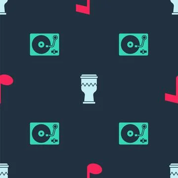 Set Music note, tone, Drum and Vinyl player with vinyl disk on seamless pattern Stock Illustration