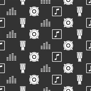 Set Music note, tone, Drum, Music equalizer and Stereo speaker on seamless Stock Illustration