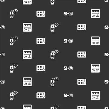 Set Music note, tone, Drum machine, Stereo speaker and on seamless pattern 스톡 일러스트
