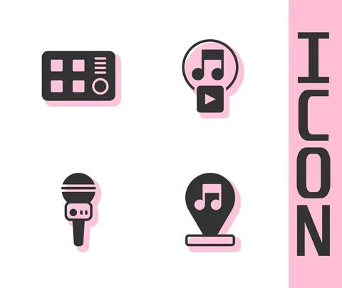 Set Music note, tone, Drum machine, Microphone and Play square icon. Vector Illustrazione stock