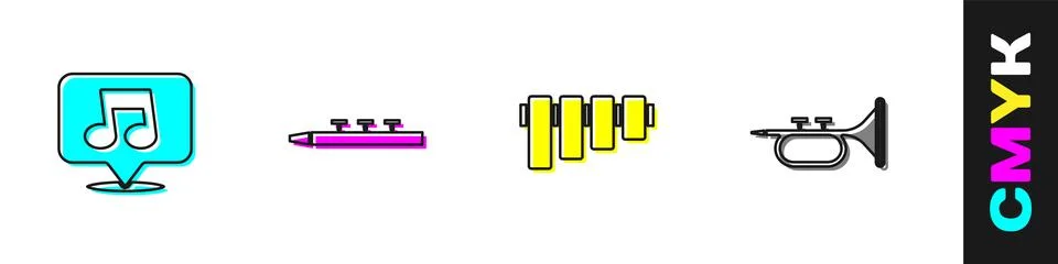 Set Music note, tone, Drum and drum sticks, Pan flute and Trumpet icon. Vecto Stock Illustration