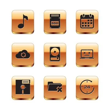 Set Music note, tone, Floppy disk in the 5.25-inch, Delete folder, Hard drive Illustrazione stock
