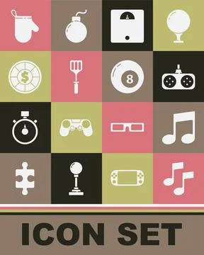 Set Music note, tone, Gamepad, Bathroom scales, Spatula, Casino chips, Oven Illustrazione stock