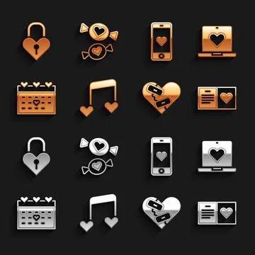 Set Music note, tone with hearts, Dating app online, Valentines day party flyer Stock Illustration