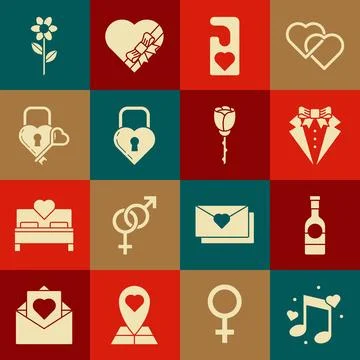 Set Music note, tone with hearts, Champagne bottle, Suit, Please do disturb Stock Illustration