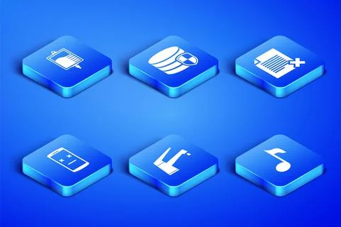 Set Music note, tone, IV bag, Water tap, Dead mobile, Database protection and Stock Illustration