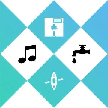 Set Music note, tone, Kayak and paddle, Floppy disk in the 5.25-inch and Water Stock Illustration