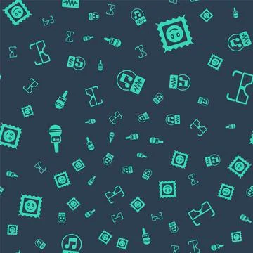 Set Music note, tone, LSD acid mark, Microphone and Glasses on seamless pattern Stock Illustration
