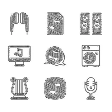 Set Music note, tone, Microphone, Guitar amplifier, Ancient Greek lyre, Computer Stock Illustration