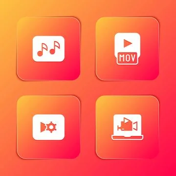 Set Music note, tone, MOV file, or video settings and Online play icon. Vecto Stock Illustration