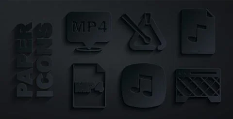 Set Music note, tone, MP3 file document, MP4, Guitar amplifier, Triangle musical Ilustração Stock
