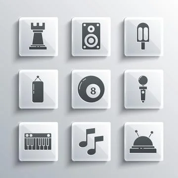 Set Music note, tone, Needle bed and needles, Joystick for arcade machine Stock Illustration
