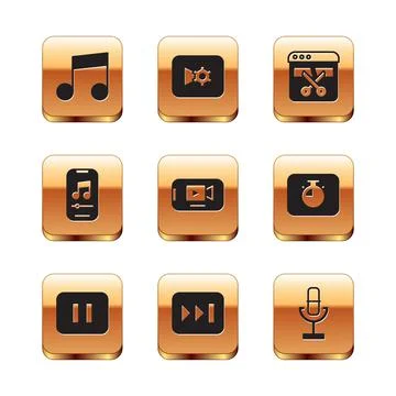 Set Music note, tone, Pause button, Fast forward, Online play video, player Illustrazione stock